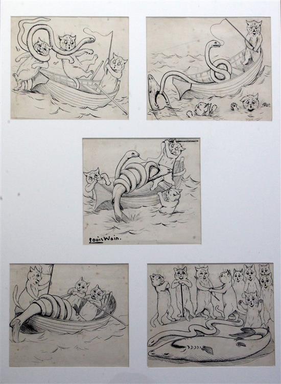 Louis Wain (1860-1939) Cats Fishing 7.5 x 9in., framed as one